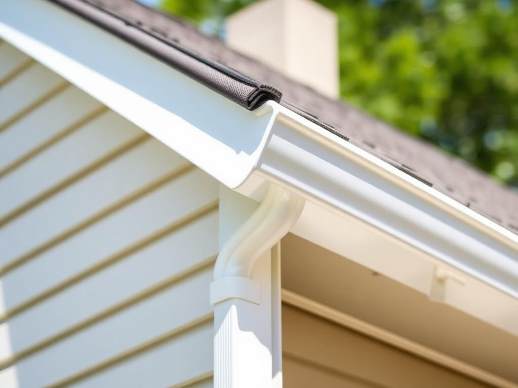 Newly installed white seamless gutter and downspout on a residential home