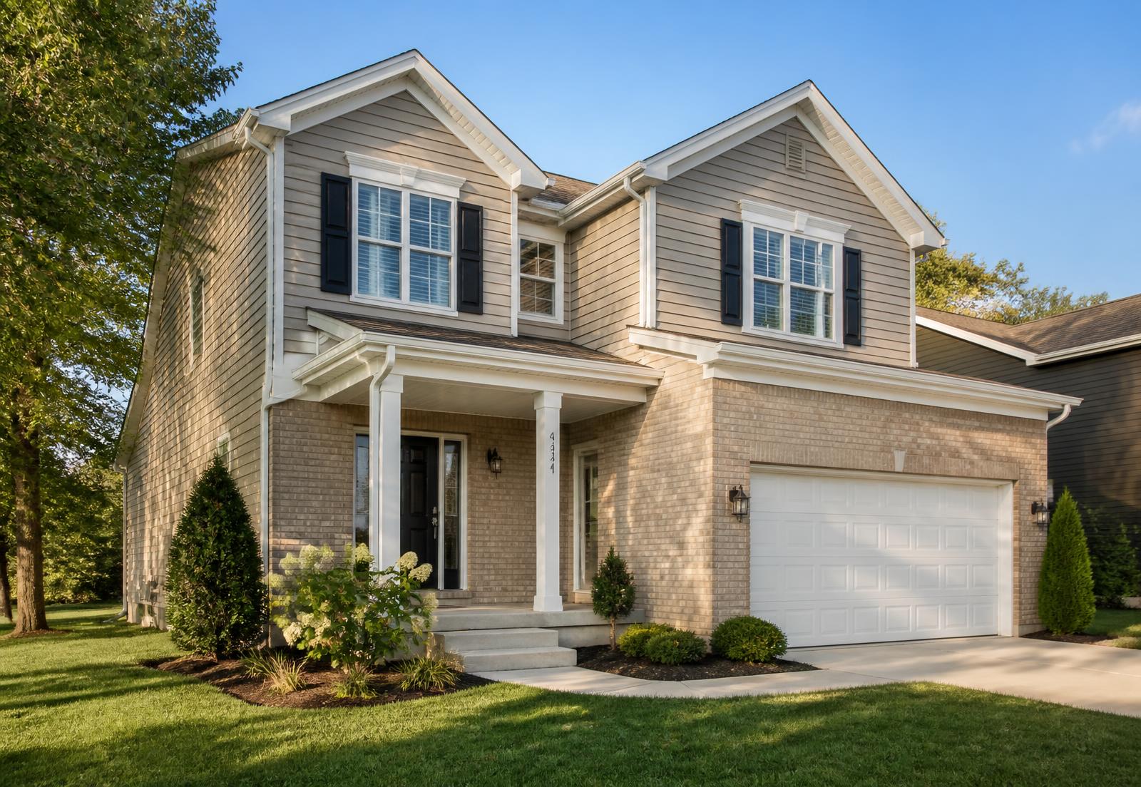 Residential two-story home with clean white seamless gutters on a sunny late-summer day